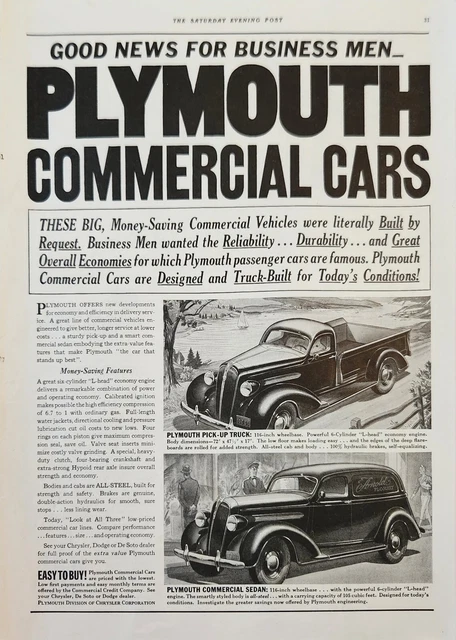1937 Plymouth Car Vintage Ad Good News for Business men