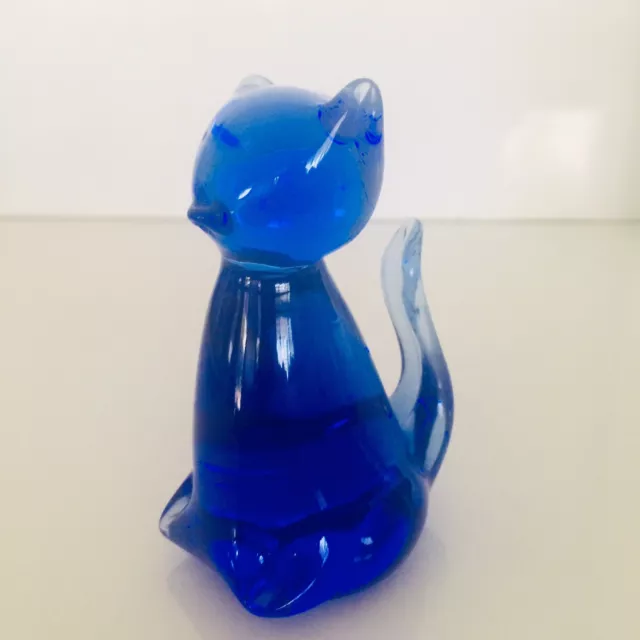 Cat Art Glass Hand Blown Figurine Paper Weight Cobalt Blue