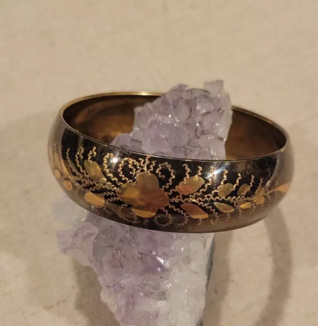 Vintage Blackened Oxidized Etched Floral Design Brass Bangle Bracelet