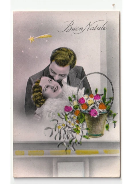 Non Viaggiata Buon Natale foto cartolina d'epoca innamorati cesto vischio rose