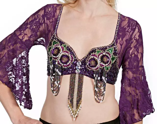 US Women's Sequin Bra top Beaded Floral Lace Black Purple Pink S M L Belly Dance