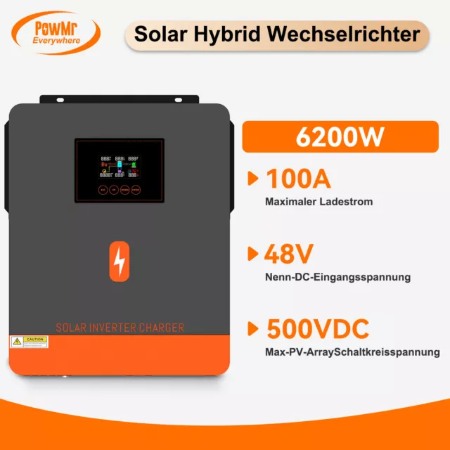 6,2KW 48V Solar Wechselrichter Hybrid Sinus Eingebaut MPPT 120A PV 60-500VDC BMS