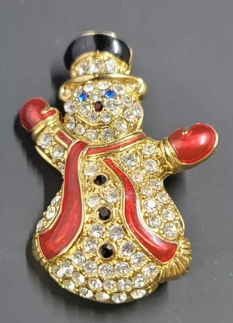 Vintage Rhinestone Christmas Brooch Snowman Red Enamel Gold Tone Pin MONET