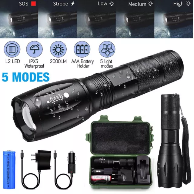 Tactical Flashlight Torch Super Bright LED Zoomable Rechargeable Light Camping