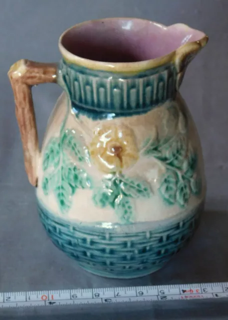 Antique Etruscan majolica basket weave creamer twig handle raised relief pitcher