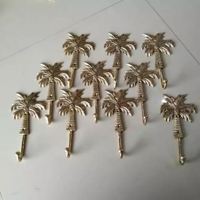 10 large Palm tree COAT HOOKS solid age brass tropicle vintage old style 19 cm B