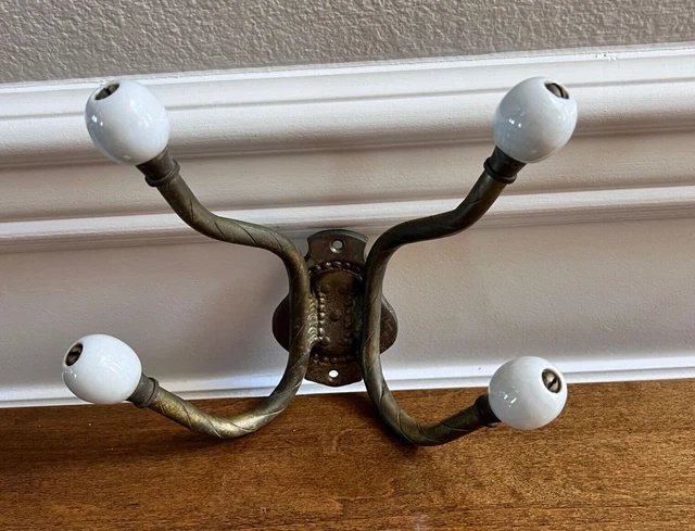 Vintage Brass Butterfly Wall 4 Hook Porcelain Knobs Wall Mount Coat Hat Hanger