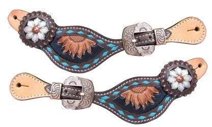 Showman Ladies Sunflower Tooled Spur Straps w/ Turquoise Buckstitch Trim