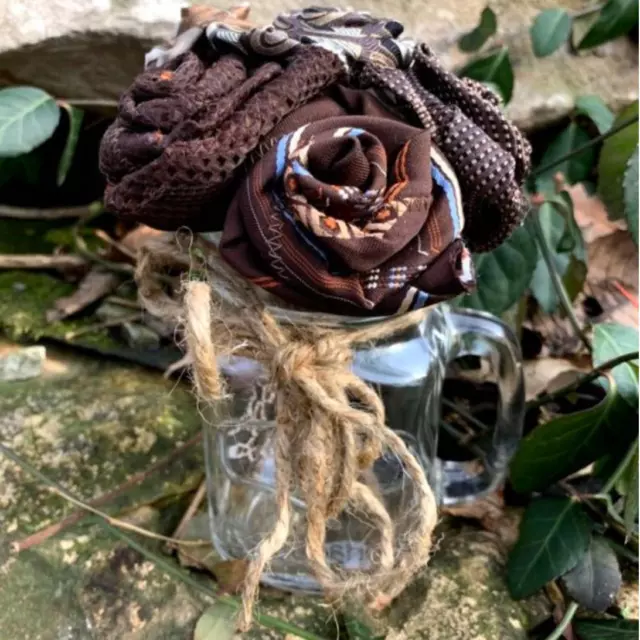 Handmade Upcycled Neck Tie Valentine Chocolate Brown Rose Flower Bouquet in Vase