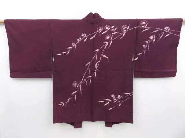 3506T03z510 Vintage Japanese Kimono Silk HAORI Flower Dull purple