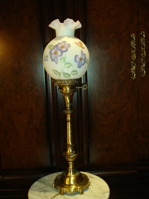 FENTON FLOWER & Butterfly SATIN GLASS PILLAR LAMP w/BRASS BASE, sign, label