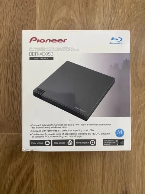 Pioneer BDR-XD08B Slim Portable BD/DVD/CD Writer Blu-ray Drive Burner USB 3.2 C