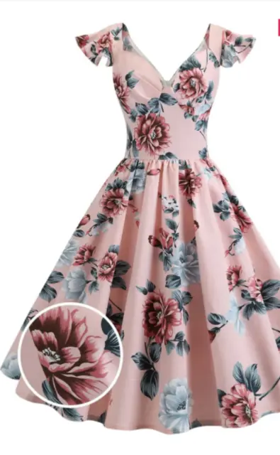 Rockabilly Kleid, rosa, Blumen, zum Petticoat, 50's, XL