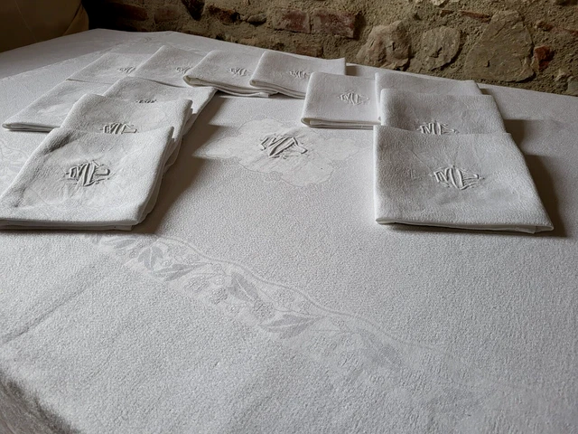 Nappe Et 9 Serviettes Damassé Blanc – Coton Lin, 160x260cm, Vintage