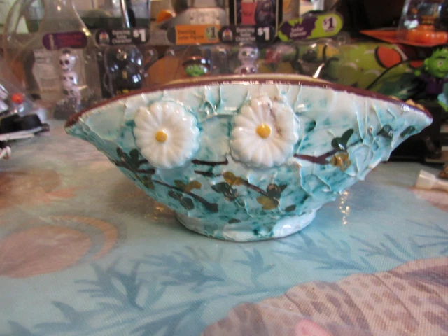 Vintage Ornate Artist Art Pottery Italy Hand Painted Flowers Aqua Majolica Bowl