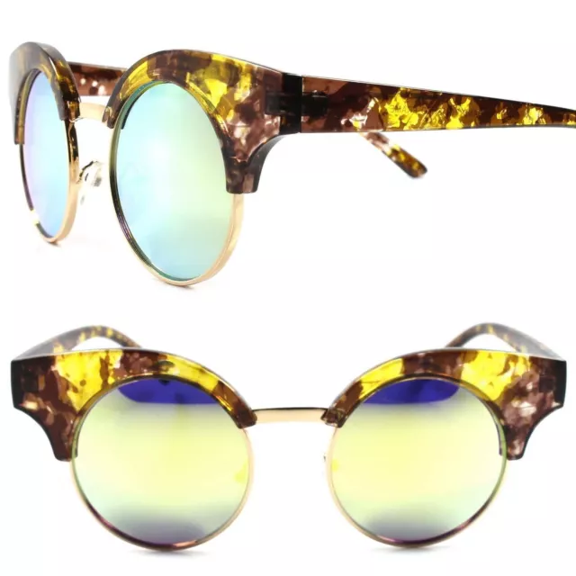 Designer Upscale Celebrity Green Mirrored Lens Gold Rim Womens Round Sunglasses