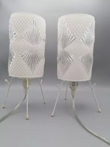 Pair Of Table Lamp Art Deco Cut Glass Opaline And Clear Matched W/ Habitat Cord