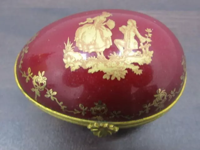 Vintage Limoges Porcelain Egg Shaped Trinket Box Red with Gold Coloured Detail