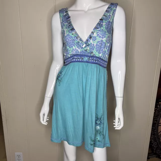 Krista Lee Blue Turquoise Beaded Embroidered Babydoll Dress Summer Beach Sz M