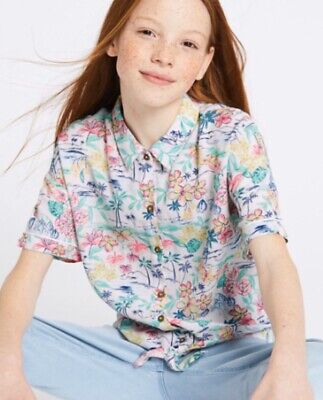 NUOVO Ragazze Età 8-9 anni Palm Print Shirt Cravatta Anteriore Dettaglio Marks & Spencer Rosa 2