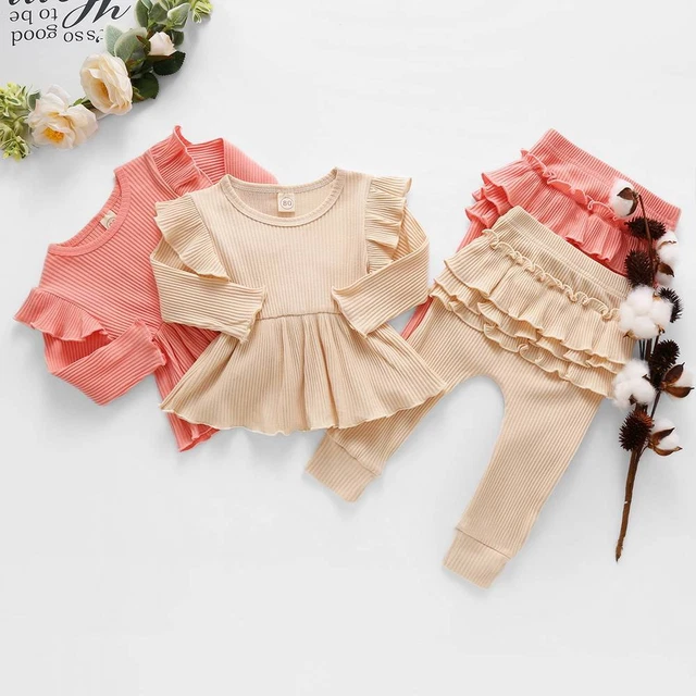 Toddler Baby Girls Kids Clothes Ruffle Ribbed Long Sleeve Tops+Pants Set Outfits