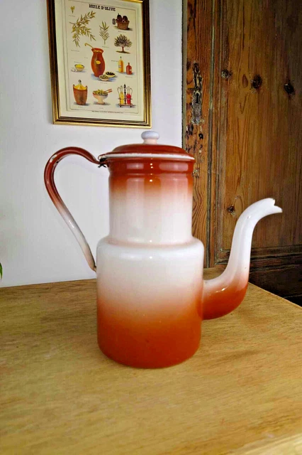 Cafetière Vintage Métal Émaillé Beige - Ancienne - Bon État