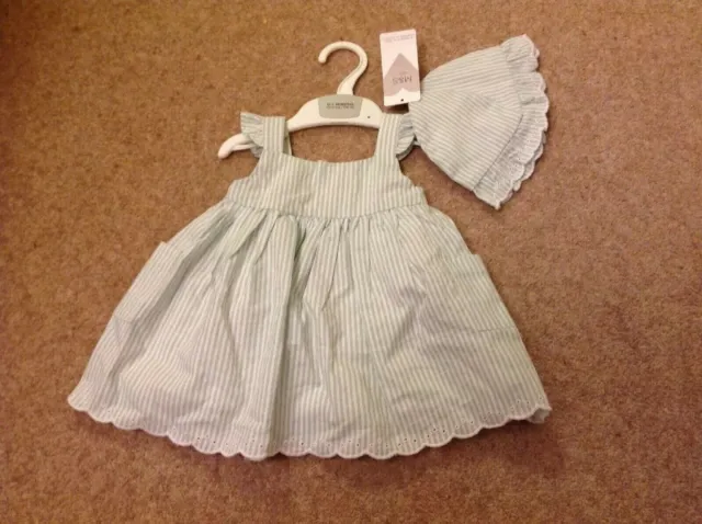 Marks And Spencer Baby Girls Pale Green & White Stripe Sun Dress 0-3 Months Bnwt
