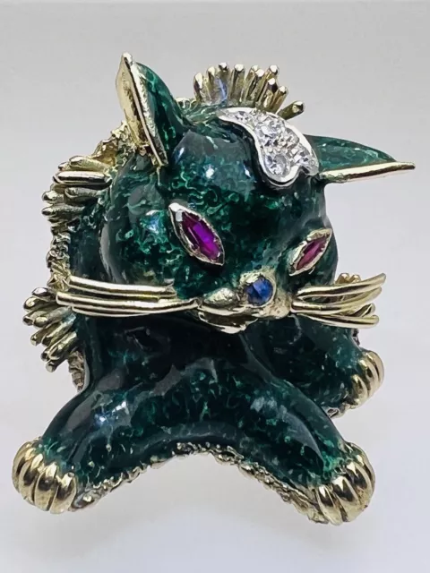 Frascarolo 18ct Gold Cat Green Enamel Brooch Pin Diamond Ruby Sapphire Bestiario