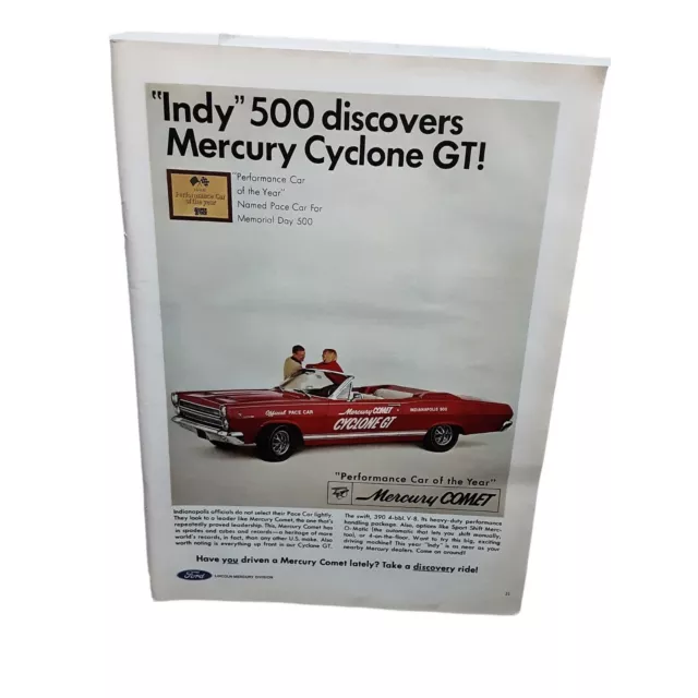1966 Mercury Comet Cyclone Gt Pace Car  Original Print Ad Vintage