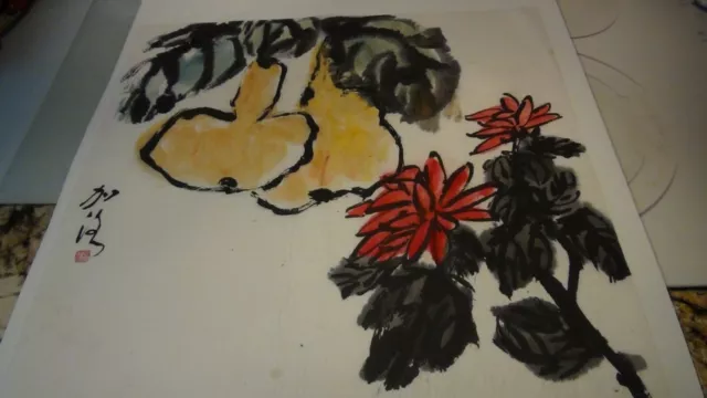 Vintage Chinese After Qi Baishi Watercolor  Painting Flowers& Fruits,Signed