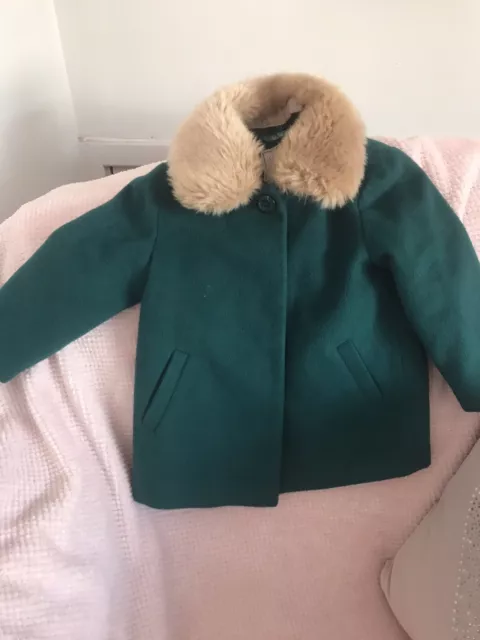 next baby Girl age  1-2 Green Wool Mix ,Fur Collar Coat Beautiful Condition