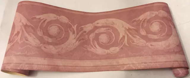 Architectural Pink Rose Acanthus Leaf Scroll Swirl Moire Satin Wall paper Border