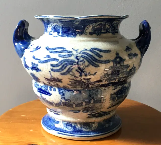 Vintage Large Regency Ironstone Blue & White Willow Pattern Vase/Jardiniere