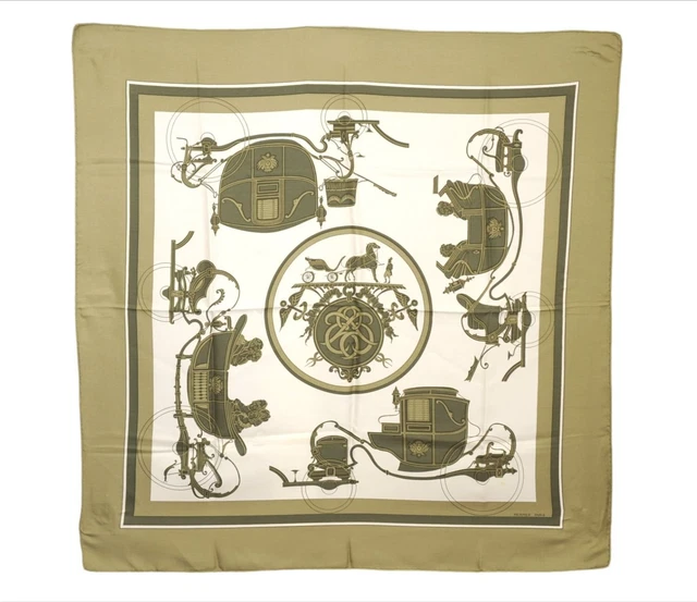 Authentic HERMES Carre 90 Scarf "Ex-Libris" Silk Green 8866E