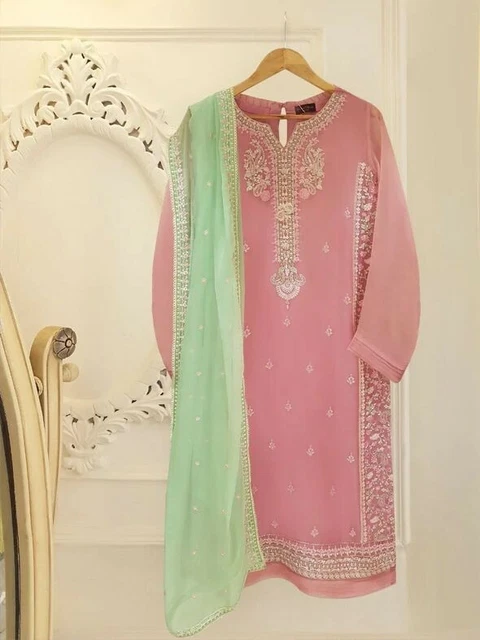 AGHA NOOR: BABY Pink Mint Piece (Shirt/Trouser/Dupatta) Size:L