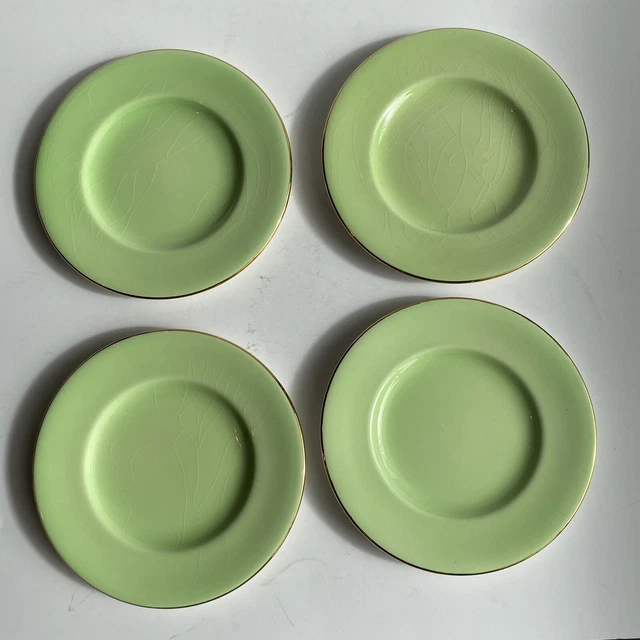 Royal Winton Bread Plates Green 4 pc Set Vtg Grimwades 6” Pastel Gold Rim Edge