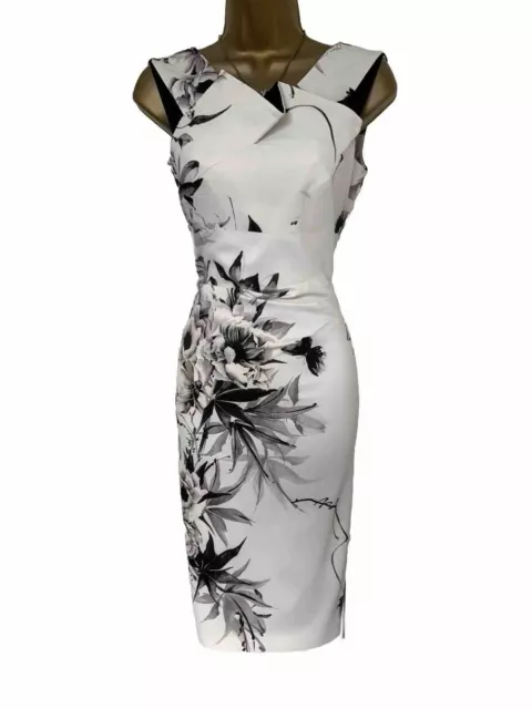 Karen Millen Size UK 14 VINTAGE FLORAL PENCIL COCKTAIL DRESS WHITE GREY BLACK