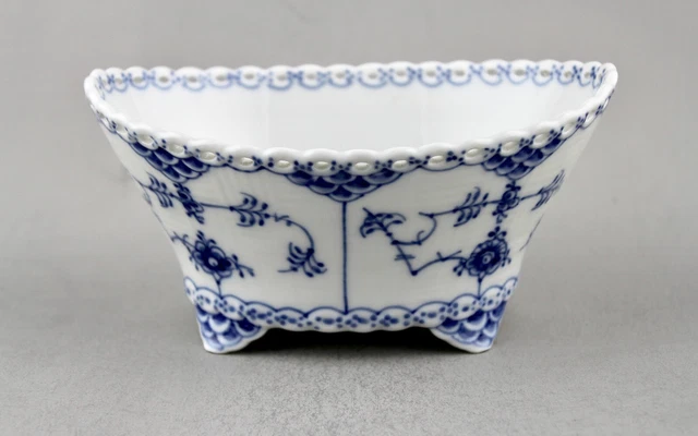 Rare Royal Copenhagen Porcelain Blue Fluted Full Lace Oval Footed Bowl 1177