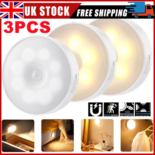 3X 8 LED Motion Sensor Wireless USB Night Light PIR Battery Cabinet ...
