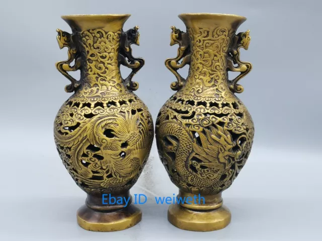 A Pair Old Tibet Brass Handwork Carved Dragon and Phoenix Hollow Vases