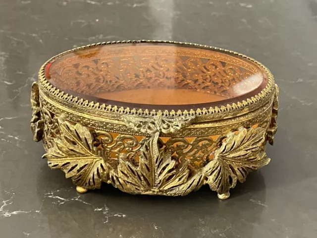 Magnificent Antique 6" Large French Cut Crystal Bronze Jewelry Box/Casket