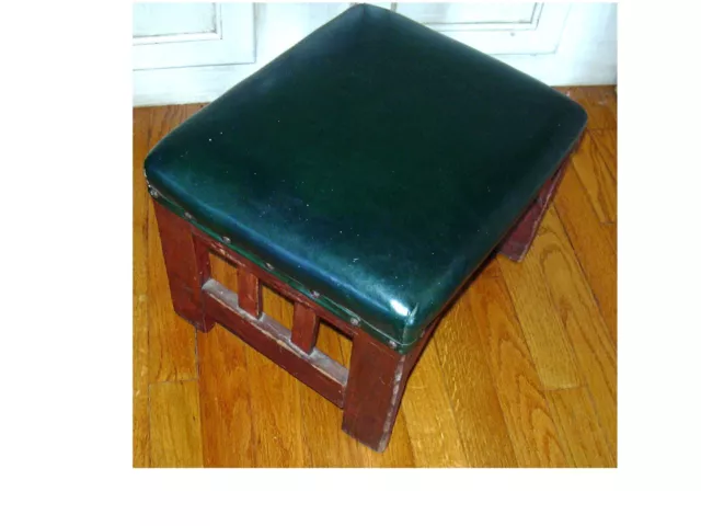 Vtg Mission Oak Arts & Crafts Style Foot Stool Green Leather or Vinyl & Studs