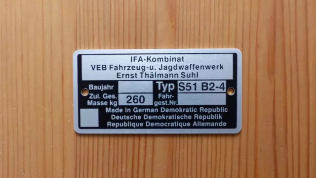 B-WARE Typenschild geätzt für Simson S51 B2-4 Plakette 260kg IFA VEB, blanko