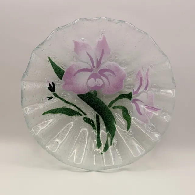 Sydenstricker Fused Glass Bowl Ruffled Floral Iris Purple Signed