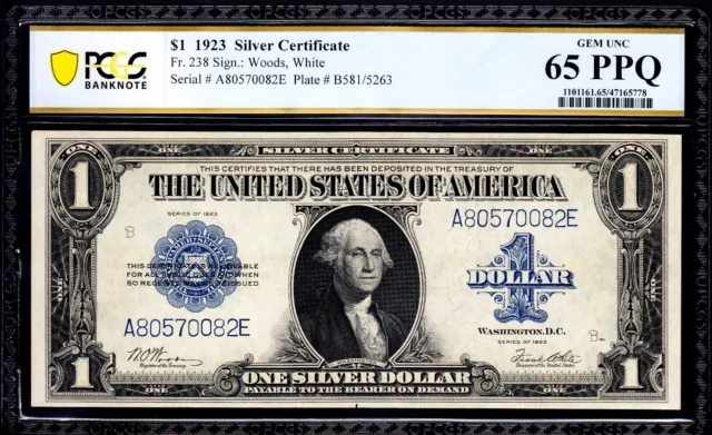 1923 Horseblanket $1 Silver Certificate Fr. 238. PCGS Gem Uncirculated 65 PPQ