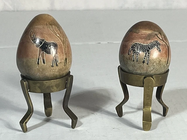 2 Etched And Hand Painted Egg Shaped Stones From Kenya With Brass Stands