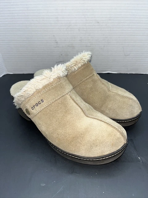 Crocs, Cobbler, Mules, Size, 9.5, TAN Suede, Faux Fur Lined, Clogs Slip-On.
