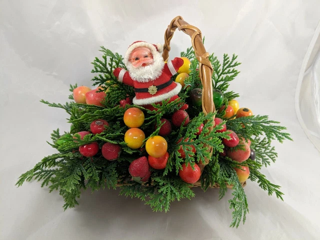 Centro de mesa de cesta de vacaciones bayas de Santa Claus 8" Portugal vintage