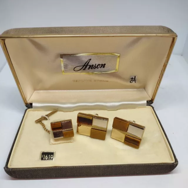Vintage NOS Anson Tiger Eye And Gold Plated Cufflinks & Tie Tac Set Made In USA