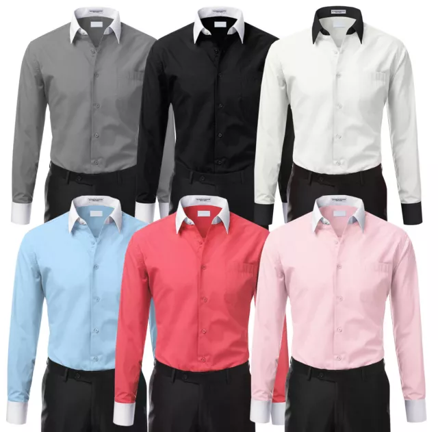 Men's Two Tone Italian Style Dress Shirt Stylish Contrast White Cuffs & Collar